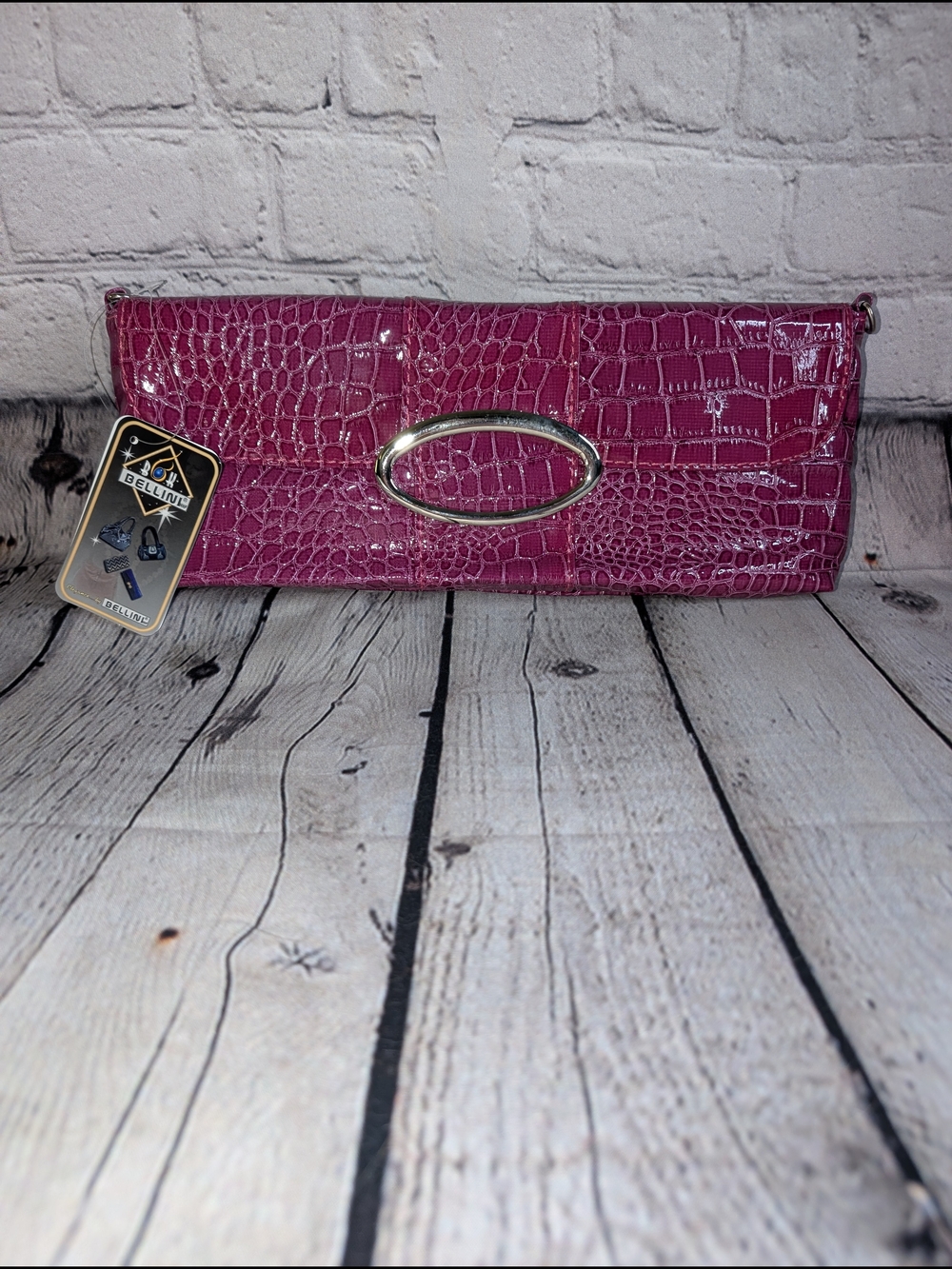 Bellini Burgundy Crocodile Embossed Clutch Crossbody Wristlet Bag Silver Accents